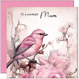 Special Mum Pink Birthday Card Ladies - Pink Bird Tree Floral Design Female Birthday Cards for Mum Mother Mom