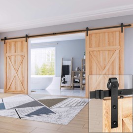 EaseLife 16 FT Double Door Sliding Barn Door Hardware Track Kit,Basic J Pulley,Heavy Duty,Slide Smoothly Quietly,Easy Install (16FT Track Kit for Double 48" Wide Door)