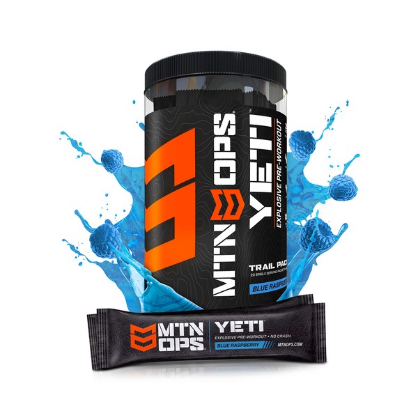 MTN OPS Yeti Monster Pre-Workout Powder Energy Drink, 20 Single-Serving Trail Packs, Blue Raspberry