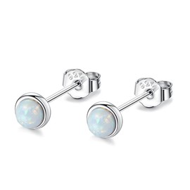 Mini Small 4 mm Opal Stud Earrings Sterling Silver 925 Gold-Plated White Blue Green Opal Earrings Stud Nickel Free for Men and Women, Opal, Cubic Zirconia