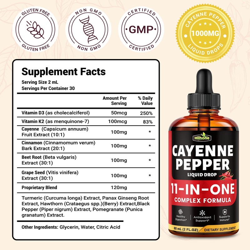 HIIHONE 11-in-1 Cayenne Pepper Drops - Herbal Supplement with Hawthorn,