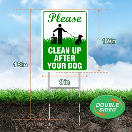 FIEXRNJ 2-Pack Clean Up After Your Dog Signs, 12" x 9" with Metal Stake, No Dog Poop Lawn Signs with UV Protected & Waterproof, Double Sided Pick Up After Your Dog Sign for Yard