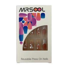 MRSCOL Long Press on Nails,Coffin Press on Nails with 3D Heart Diamond Design, Long Reusable 24pcs Nail Kit with Glue