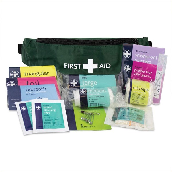 Reliance Medical - Playground First Aid Kit In Green Riga Bumbag, Ideal For Playground Injuries And Typical School Ground Accidents - Contains Bandages, Dressings, Eye Pads, Plasters, Wipes & More
