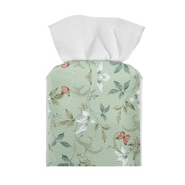 Tutolipy Green Leaves Butterfly Print Tissue Box Cover Novelty Home Decorative Leather Case Facial Paper Cube Tissue Paper Holder Napkin Organizer Dispenser with Bottom Belt