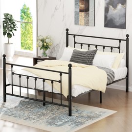 VECELO Full Size Metal Platform Bed Frame with Headboard and Footboard, Heavy Duty Slat Support/No Box Spring Needed Mattress Foundation/Underbed Storage Space, Victorian Style