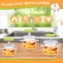 Hsei 3 Pcs Glass Simmer Pot Heat Resistant Clear 1.3 1.5 1.9 L Saucepan with Cover Handle Glass Pots for Cooking Cookware Stovetop and Pan with Lid for Pasta Noodle(Trendy)