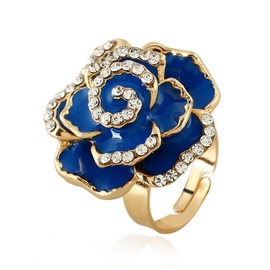 IMINI CZ Rose Flower Promise Ring for Women Girls Statement Diamond Crystal 3D Enamel Flowers Adjustable Open Wrap Finger Rings Comfort Fit Vintage Elegant Wedding Jewelry Gifts (Blue)