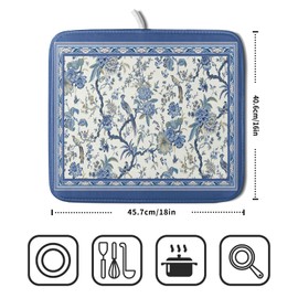 Giwawa Chinoiserie Dish Drying Mat 16x18in Blue White Oriental Floral Birds Kitchen Drainer Mats Porcelain Flowers Reversible Microfiber Dish Drying Pad Small for Countertop Home Decor