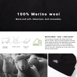 TOP-EX M/L/XL/XXL 100% Merino Wool Knitted Hat Warm Winter Hat for Men and Women Windproof Breathable Beanie Black, Black_Fleece