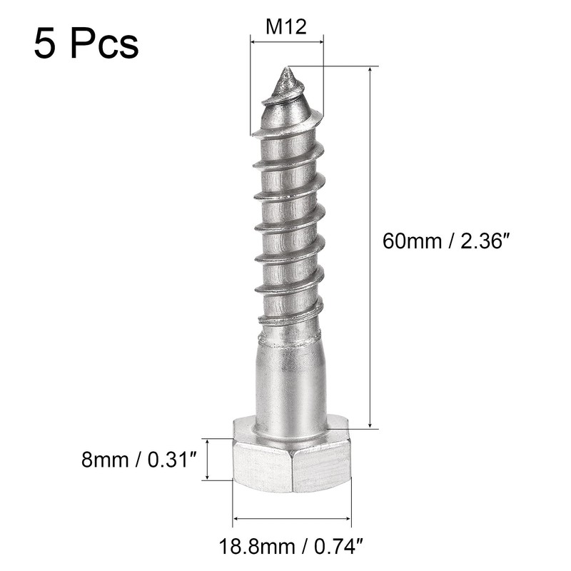 sourcing map Hex Lag Screws, M12 x 60mm 304 Stainless