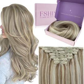 fshine Clip in Hair Extensions Human Hair 14inch 120g Hair Extensions Double Weft Clip in Extensions Highlight Hair Color 8 Ash Brown to 60 Platinum Blonde Extensions Remy Hair Straight Extensions