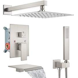 Midanya Rain Shower System Brushed Nickel Tub Shower Faucet Set 10 Inch Square Rainfall Shower Head with Handheld Sprayer and Waterfall Tub Spout Rough-in Valve Shower Mixer Combo