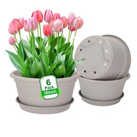 MRPAPA 6 Pack Large 10 Inch Plastic Plant Pot, Outdoor Indoor Round Planters Pots with Drainage Hole & Tray Saucer,Decoration Pots for Home,Patio & Garden (Grey White)