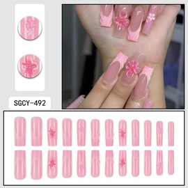 Pink French Tips Press on Nails Long Square Fake Nails with 3D Flower Charm Design Rhinestones False Nails Glossy Skin Tones Glue on Nail Reusable Full Cover Stick on Nail for Women Manicure 24Pcs