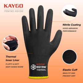 KAYGO Work Gloves Nitrile Coated Thermal Fleece Liner-3 Pairs, Grip and Dexterity, Winter Working Gloves for Men Women, for Cold Weather Construction Freezer Warehouse Automotive, KG12W (Black, XL)
