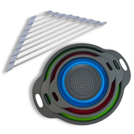 3-Pack Collapsible Silicone Colander Strainer Set with Foldable Triangle Drain Rack-Over-Sink Space Saving Design, BPA-Free Dishwasher Safe Kitchen Essentials for Cooking Camping
