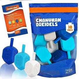 Zion Judaica Hanukkah Dreidels Multi Blue, White Medium Size Dridels Bulk Plastic Drydlech Hebrew Letters and English Transliteration Includes Traditional Chanukah Game Guide Ziplock Bag Hanuka Fun