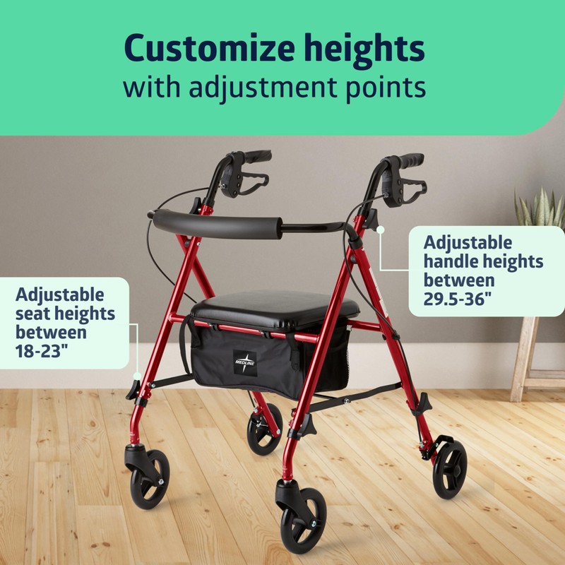 Medline Superlight Folding Aluminum Mobility Rollator Walker, Red, 250 lb.