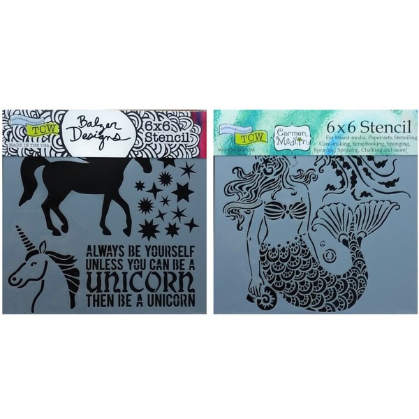 2 Mixed Media Stencils Set | Unicorn, Mermaid Theme |