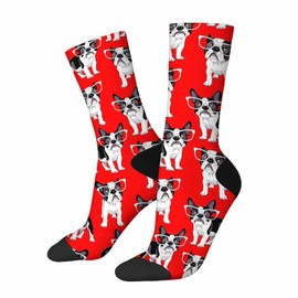 French Bulldog Red Unisex Socks Puppy Wear Glasses Funny Funny Socks Gifts for Women Mens Novelty Crew Socks
