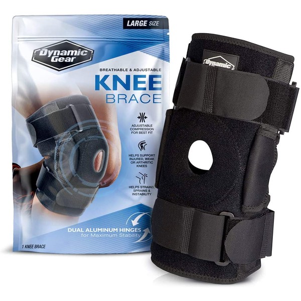 Dynamic Gear Open Patella Knee Brace, Dual Aluminum Stability Hinges - Padded Neoprene Adjustable Compression Support for Meniscus Tear, ACL, Strains, Knee Pain, Arthritis