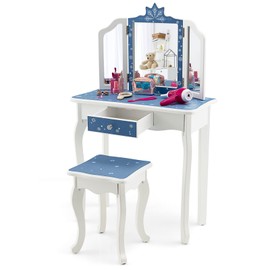 HONEY JOY Kids Vanity, Snowflake Themed Princess Makeup Vanity Set for Little Girls, Real Glass Tri-Folding Mirror, Bedroom Dressing Table & Chair Set, Wooden Girls Vanity Set w/Mirror and Stool(Blue)