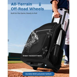 Rolling Baseball Bag with Wheels, Large All-Terrain Wheeled Softball Bag Holds 4 Bats, Water-Resistant Baseball Roller Backpack with Shoe Compartment and Fence Hooks for Players and Coaches, Black