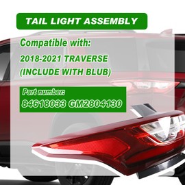 Lochnchn Led Tail Lights Assembly Compatible with Chevy Traverse 2018 2019 2020 2021 Left Driver Side Taillight Rear Lamp with Bulb Replacement 84618033 GM2804130