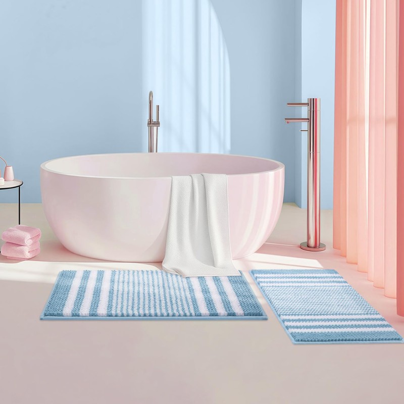Biscpro Bath Mat Rug Extra Soft and Absorbent Fluffy Striped