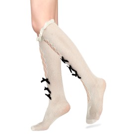 Benefeet Sox Womens Girls Cute White Fishnet Knee Highs 3D Bows Fishnet Stockings Fancy Decorated Lace Sheer Mesh Knee Highs Stockings Kawaii Transparent Thin See Through Long Lolita Socks Gifts