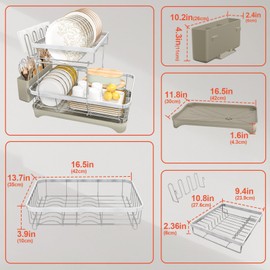 HOMEAILIE 2-Tier Dish Drying Rack for Kitchen Counter,304 Stainless Steel Dish Rack with Adjustable Drainboard,Removable Utensil Holder & Water Tray,Grey