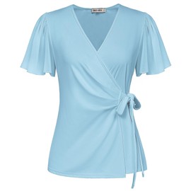 GRACE KARIN Women Short Sleeve Dressy Tops 2024 Wrap Trendy Elegant Office Solid Ruched Shirts Blouse Light Blue S