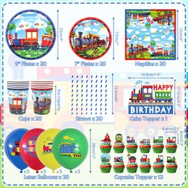 Train Party Supplies , Includes Happy Birthday Banner, Plates, Cupcake Toppers, Napkins, Cups, Tablecloths, for Train Theme Party Birthday Vehicle Party Decorations (Banner)