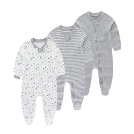 Ecojoy Baby Sleepwear Pack of 3 Newborn Sleepsuit with 5 Hats and Mittens, 0-12 Months Zip Sleep Suit Gray