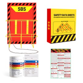 MSDS SDS Binder and Wall Station - Yellow Heavy Duty 3 Inch Material Safety Data Sheet 3 Ring Binder with SDS Wire Rack and Display Sign, Chain,Mounting Hardware,Safety Posters,MSDS Labels