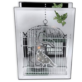 Mirrored Infinity Bird Cage Design Candleholder - Diamond Crystals - Birds Motif - Infinity Mirror - 7" H x 5" W x 2.5" D