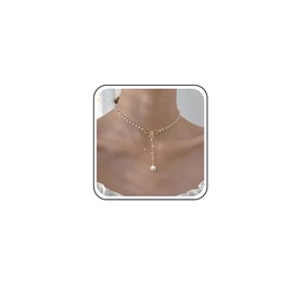 Cybche Boho Pearl Crystal Y Necklace Pearl Y Lariat Necklace Pearl Crystal drop Chain Necklace Gold Bow Knot Choker Necklace Pearl Pendant Necklace Jewelry for Women