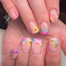 Summer Press on Nails | Short Square Fake Nails,Colorful Flower Acrylic Nails,Full Cover Glossy False Nails,Reusable Stick on Nails for Women Girls,Spring Summer Nail Art Decoration 24Pcs