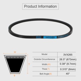 sourcing map 3VX265 Rubber V-Belt, Raw Edge Cogged Industrial V Belt 26.5" Length x 0.38" Width x 0.32" Thickness