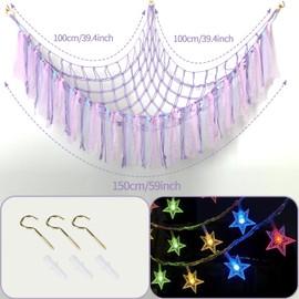 Stuffed Animal Hammock with LED Lights - 59 Inch Large Toy Storage Net for Kids Bedroom, Wall-Mounted Plush Organizer with Wooden Rings, Nursery Decor (Handwoven, Purple)