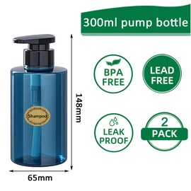 Apstaqeoo 2Pcs 300ml/10oz Empty Pump Bottle Dispensers - Refillable Plastic Shampoo Bottle Hand & Dish Soap Dispenser with pump, Lotion Shower Gel Storage Container Toiletries Liquid Dispenser (Blue)