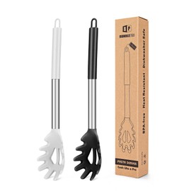 Pack of 2 Silicone Pasta Fork, Kitchen Heat Resistant Noodle Spoon Server, BPA Free Spaghetti Strainer, Best Cooking Tools (BLACK-WHITE)