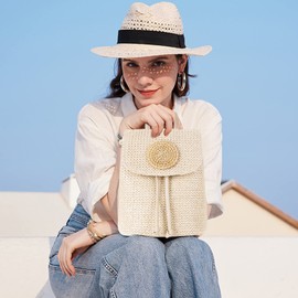 NICOLE & DORIS Women Straw Backpack Woven Backpacks Handbag Boho Backpack Casual Daypack Rattan Backpack Flap Shoulder Bag Woven Backpack for Beach Holiday Cream