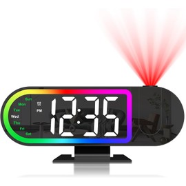 OQIMAX Projection Alarm Clock, 8.5 '' Digital Alarm Clock with 180° Projector, 17 RGB Ambient Lights, 3 Adjustable Screen Brightness & Night Mode, USB Powered Projector Clocks for Bedroom Home