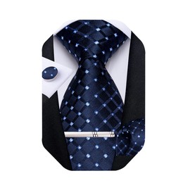 DiBanGu Plaid Ties for Men Silk Checkered Necktie and Pocket Square Cufflinks Tie Clip Set with Gift Box for Wedding Business, Dark Blue