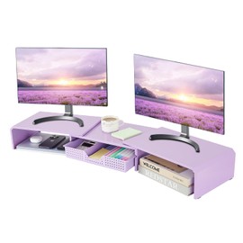 LEKETREE Dual Monitor Stand Riser with Drawer, Desk Organizer and Accessories, Metal Laptop Stand for Desk, Workspace Desktop Stand for Computer, Laptop, TV and More (Purple)
