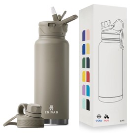 ENIVAN, 1L Insulated Stainless Steel Water Bottle with Straw and Spout Lids – BPA-Free, Leakproof Sports Water Bottle for Gym, Fitness, Hiking, Camping, Office, School - Beige
