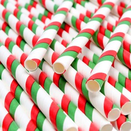 50PCS Christmas Paper Straw Drinking Cocktail Straws Biodegradable Red Green Striped Party Straws for Christmas, Birthday, Wedding, Baby Shower Party Supplies