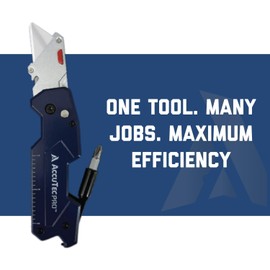 AccuTec Pro 7-in-1 Utility Knife 1 Blade - Multi-Purpose Tool - Folding Screwdriver, 1/4 Inch Bit Holder, Can/Bottle Opener, Inch/Metric Ruler, Phillips/Slotted Bit - APTL-8007